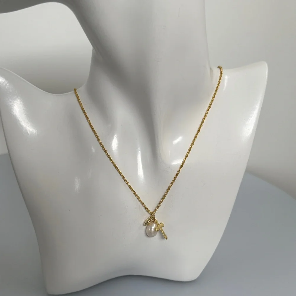 Gold-Tone real  Pearl and Cross Charm Necklace for Women